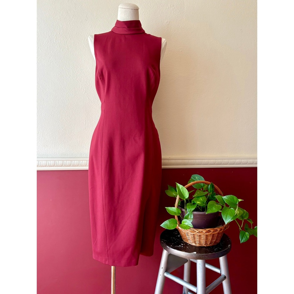 White House Black Market Burgundy Mock Neck Sheath Dress 10P Chic Secretary Vamp